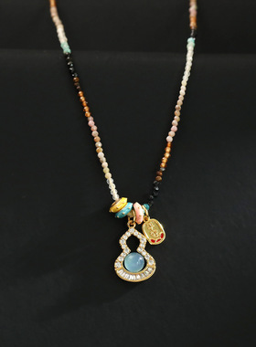 国潮新中式果冻琉璃冰蓝宝石项链彩色串珠碧玺虎眼石毛衣链汉服