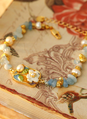 油画系列新款浅蓝天然石吊坠手链法式轻奢复古花朵滴釉彩色手镯女