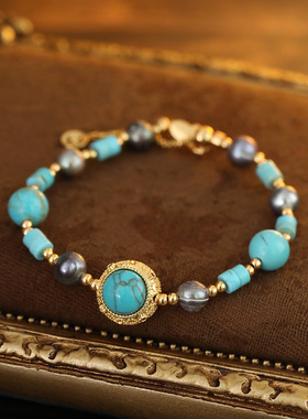 国潮新中式绿松手链中古vintage设计花纹镂空招财淡水珍珠手链女