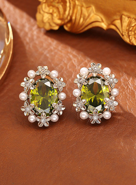 感水晶花朵珍珠吊坠项链时尚清新甜美气质高级感锁骨链仙女风耳钉