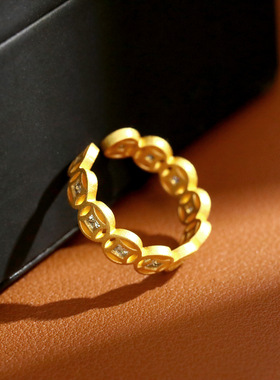 磨砂哑金暴富小铜钱戒指新中式镂空钱币五帝钱镶锆指环情侣对戒