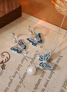 气质时尚小清新蓝色蝴蝶项链个性轻奢甜美百搭设计感耳环饰品