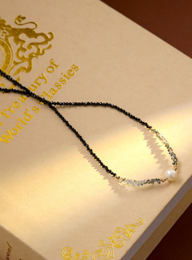 韩版网红黑尖晶石珍珠锁骨链