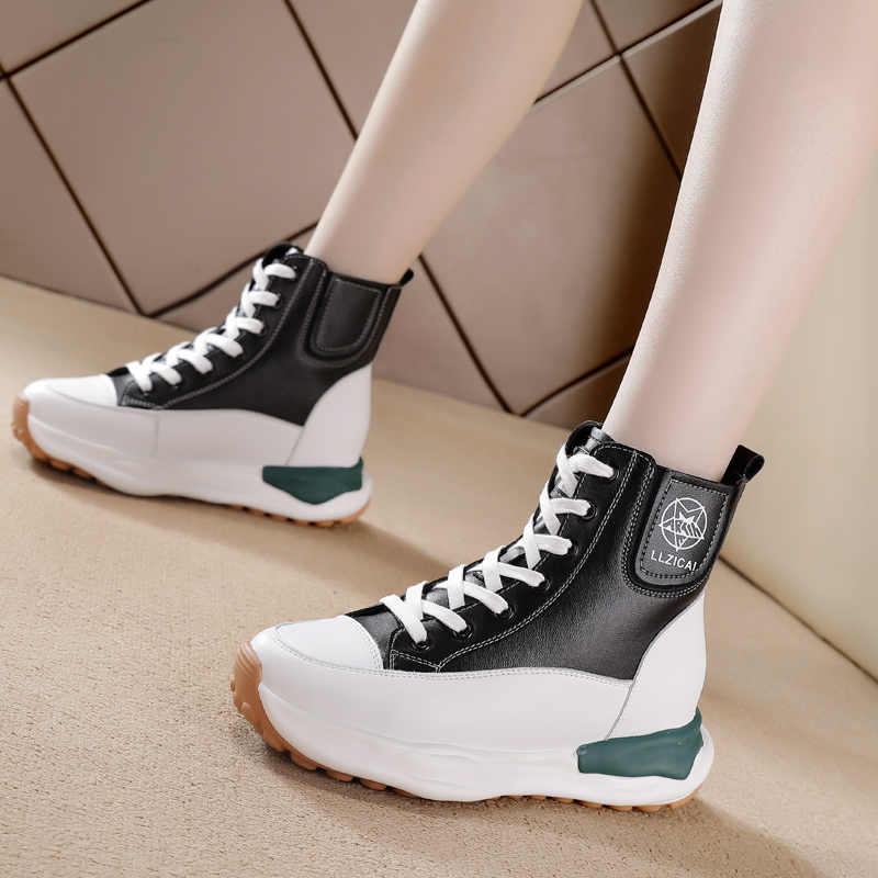 隐形高帮女鞋内8CM头层牛皮真皮小白鞋冬板鞋加绒马丁靴百搭短靴 - 图2