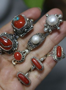 尼泊尔情侣纯银复古补丁红戒指