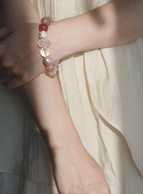 其灵【甜釉】原创天然粉水晶手链马粉莫粉草莓晶粉嫩桃花转运手串