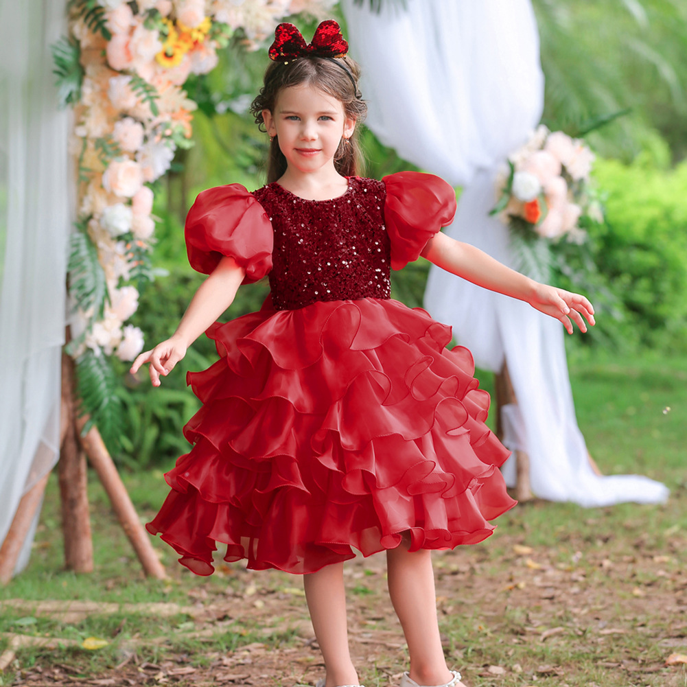 女童红色连衣裙洋气婚纱裙儿童公主裙晚礼服主持人生日钢琴演出服