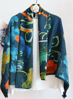 敦煌鹿祥云双面印花真丝羊毛方巾