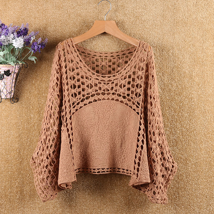 宽松短款镂空针织衫女罩衫夏上衣九分袖圆领套