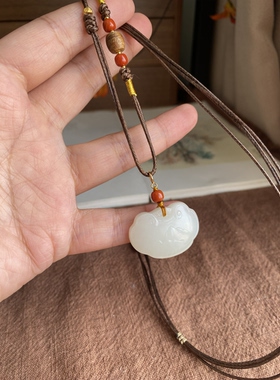天然和田玉吊坠俄料白玉如意锁吊坠毛衣链新中式国风珠宝项链