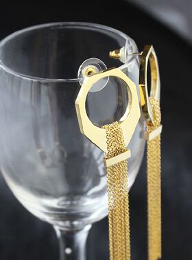 欧美风线条金色几何大气长耳环