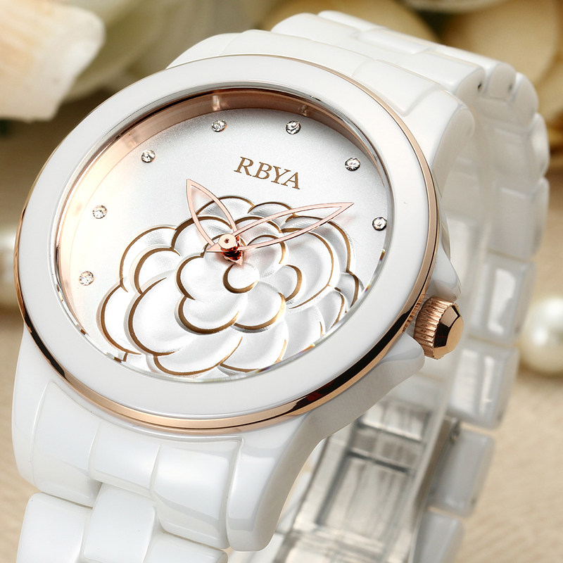 罗比亚山茶花石英陶瓷白色学生女表 峰浪国产腕表
