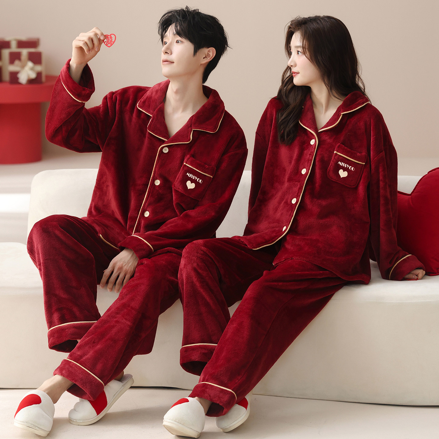 芬腾可安睡衣结婚新婚情侣套装红色冬季珊瑚绒加厚秋冬天情侣睡衣,淘宝优惠券,粉丝福利购,淘宝优惠卷