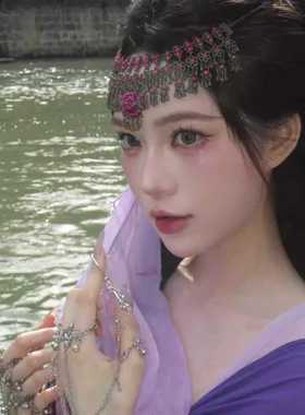 异域民族风手链高级感小众古风汉服复古戒指手链一体铃铛舞蹈手环