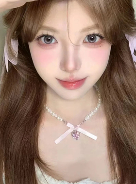 法式浪漫粉色爱心蝴蝶结仿珍珠项链女设计感甜美纯欲颈链锁骨链
