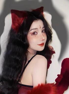 酒红色狐狸兽耳鸭嘴夹氛围发夹猫耳朵毛绒边夹发卡万圣节cos发夹