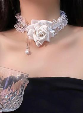 韩系白色蕾丝玫瑰花朵choker女颈环项链秋冬颈链时尚浪漫锁骨链