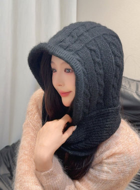 秋冬女保暖针织护耳连帽围巾一体