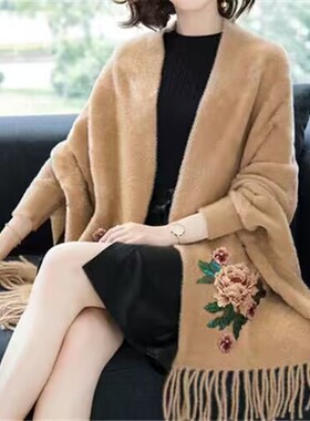 仿貂绒绣花旗袍披肩外搭女民族风妈妈红色礼服带袖斗篷披风外套