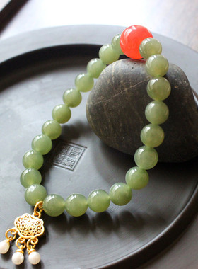 【福利】新款天然和田玉晴水手串女单圈淡绿色手链送女友生日礼物