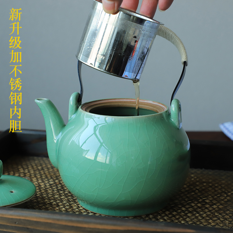 陶瓷茶壶大容量家用泡茶壶龙泉青瓷哥窑冰裂纹茶具提梁壶一壶六杯 - 图2