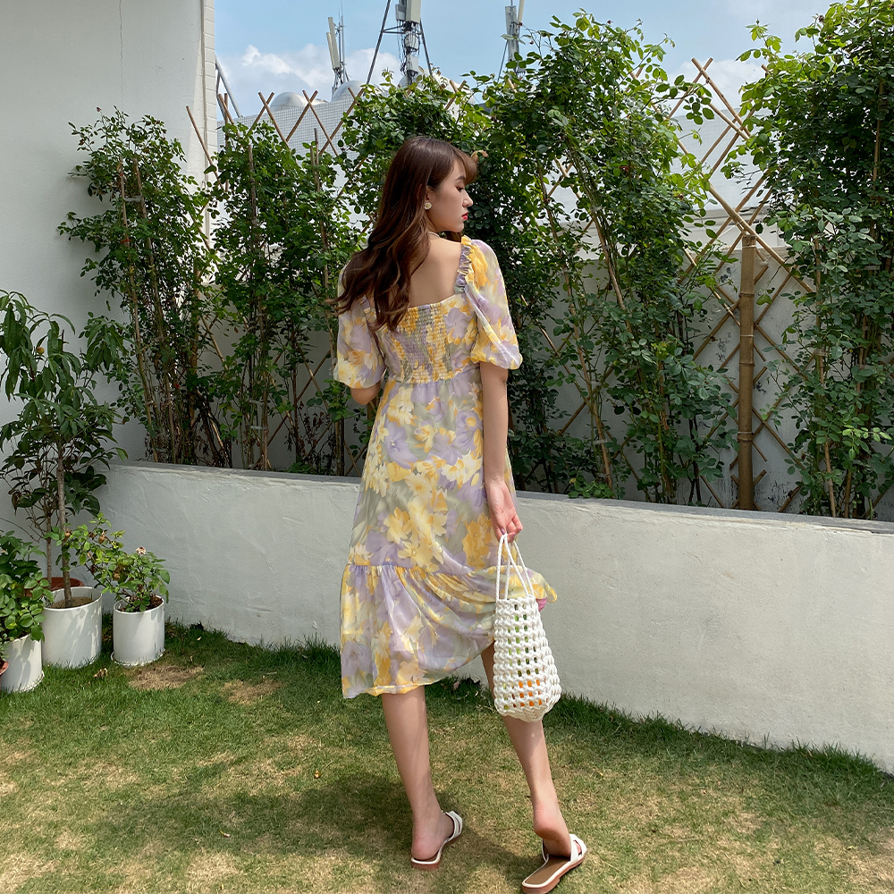 爱蔷薇紫色系列油画方领夏季连衣裙 爱蔷薇女装连衣裙