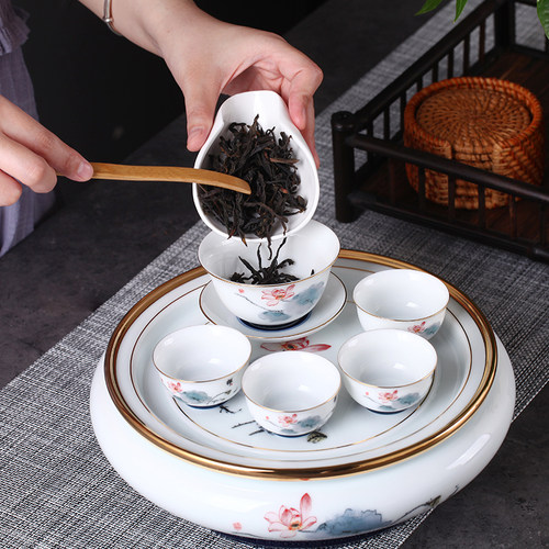 功夫茶具套装高档圆形陶瓷茶盘釉下手绘荷花整套茶具茶杯家用送礼 - 图0