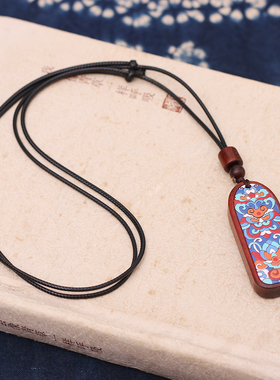 檀木国潮彩绘醒狮项链吊坠