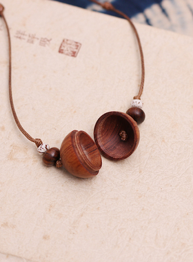 民族复古风檀木香丸盒子项链