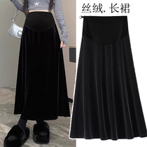 Pregnant woman half-body dress autumn winter high waist velvet long dress with long dress Retro loose Toabdominal and slim a word step skirt