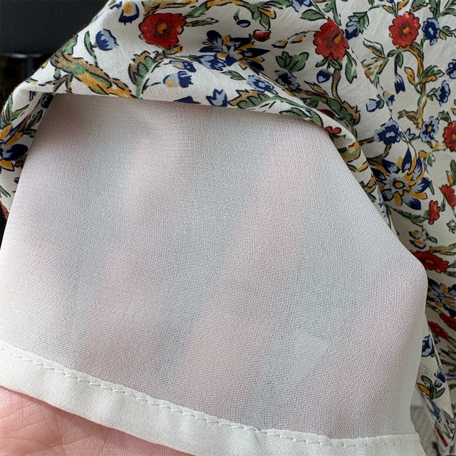 Lin Shiba ຕະຫຼາດດອກໄມ້ງາມລີສອດແບບ Retro Floral Skirt Round Neck Puff Sleeve Waist Sweet A-Line Dress