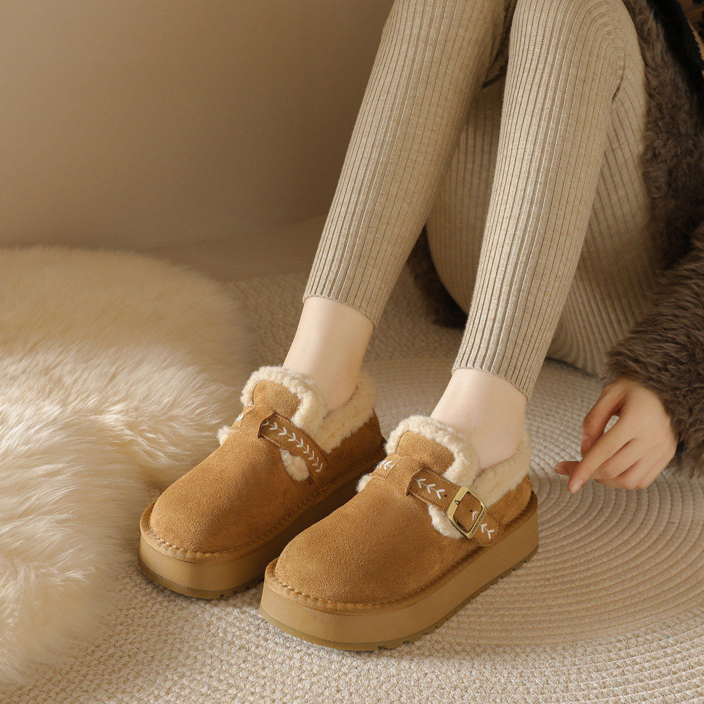 厚底加绒勃肯鞋女鞋2026新款冬季乐福鞋保暖雪地靴一脚蹬34码棉鞋,淘宝优惠券,粉丝福利购,淘宝优惠卷