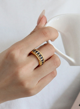 复古轻奢黑色锆石戒指女小众高级时尚通勤精致百搭设计感戒子指环