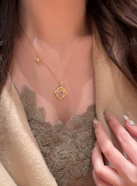 手工拉丝炫彩玫瑰切四叶草项链