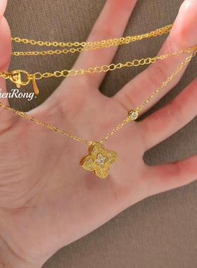 手工拉丝布风四叶花微镶锆石项链