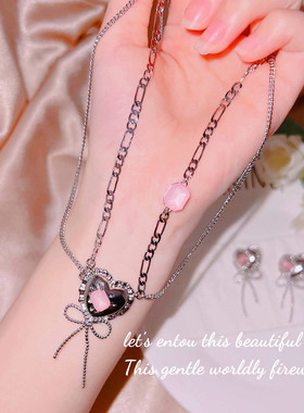 粉心丝带项链甜酷风粉色心形耳环