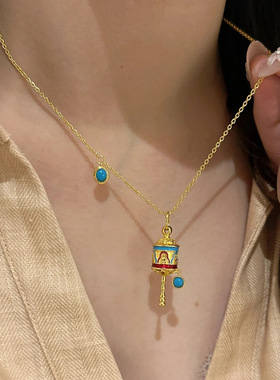 藏式古法黄金色珐琅转筒民族项链