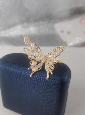 2023新款金蝶展翅 超美液态立体蝴蝶珍珠猫眼石锆石镶嵌开口戒指