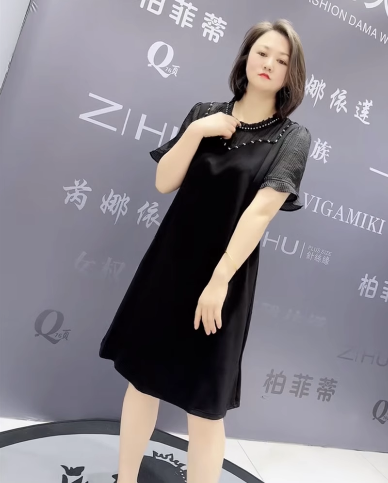 夏季新款芮娜依莲7731气质连衣裙加大码女装胖妹妹宽松显瘦短袖裙 - 图3