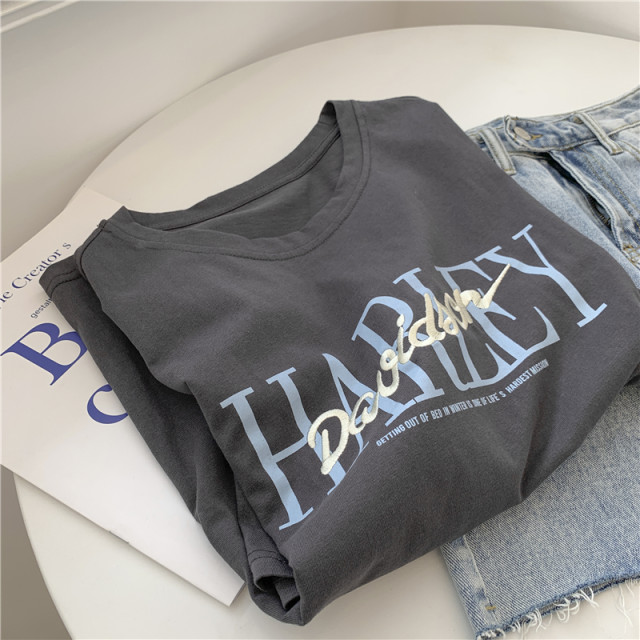 Embroidered printed letters dark gray short-sleeved T-shirt for women heavy industry blue embroidered round neck loose pullover top summer