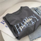 Embroidered printed letters dark gray short-sleeved T-shirt for women heavy industry blue embroidered round neck loose pullover top summer