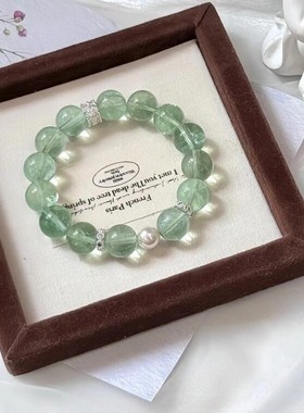 新中式国风转运珠薄荷仿珍珠手链绿萤石水晶手串弹力小众礼物批发
