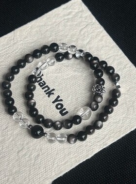 【极简】中式叠戴黑色串珠银曜石手链小众暗黑男女情侣双层手链