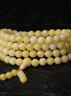 二代黄蜜蜡琥珀白花蜜鸡油黄108颗手链吊坠蜜蜡手串景区直播货源