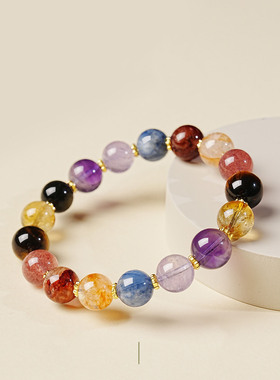 天然石多宝招财纳福手链女高级感虎眼石黑曜石仿草莓晶黄水晶手串