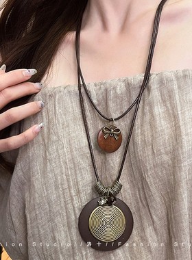 新中式禅意长款毛衣项链女双层复古民族风串珠颈链小众羽毛锁骨链