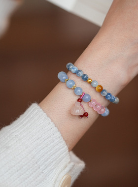 新中式蓝晶石天然石淡水珍珠玉骨髓算盘珠莲蓬手链串珠手串手环女