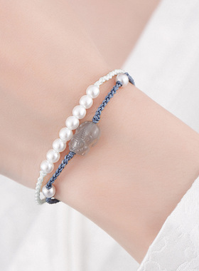 国风清冷感水蓝色小貔貅珍珠双层编织手绳手链百搭简约新款女手饰
