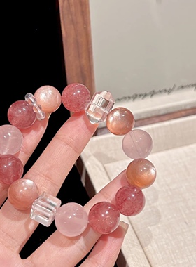 [桃花朵朵]天然水晶草莓晶粉晶白水晶方糖手串小众水晶手串礼物女