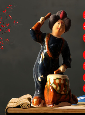 唐仕女摆件乐器俑侍女唐三彩陶瓷